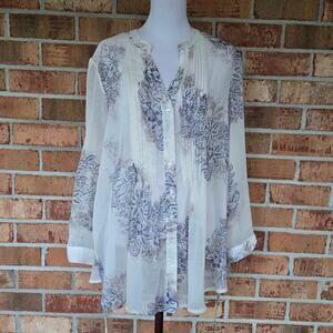 2X Semi Sheer Blouse American Rag Floral Lace Print Top Convertible Sleeve VNeck